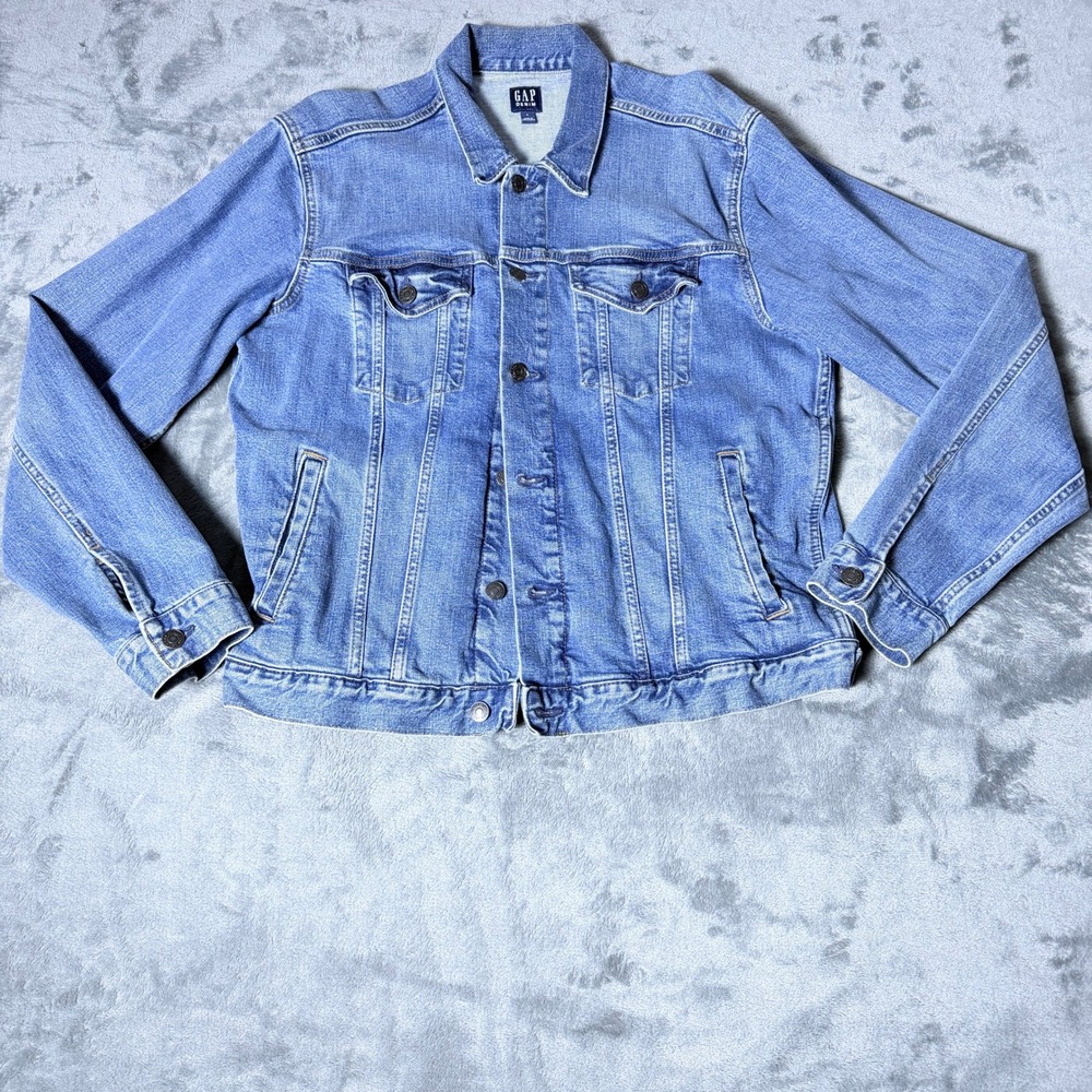 GAP Denim Trucker Jacket Mens Large Blue Medium Wash Button Front Jean Jacket